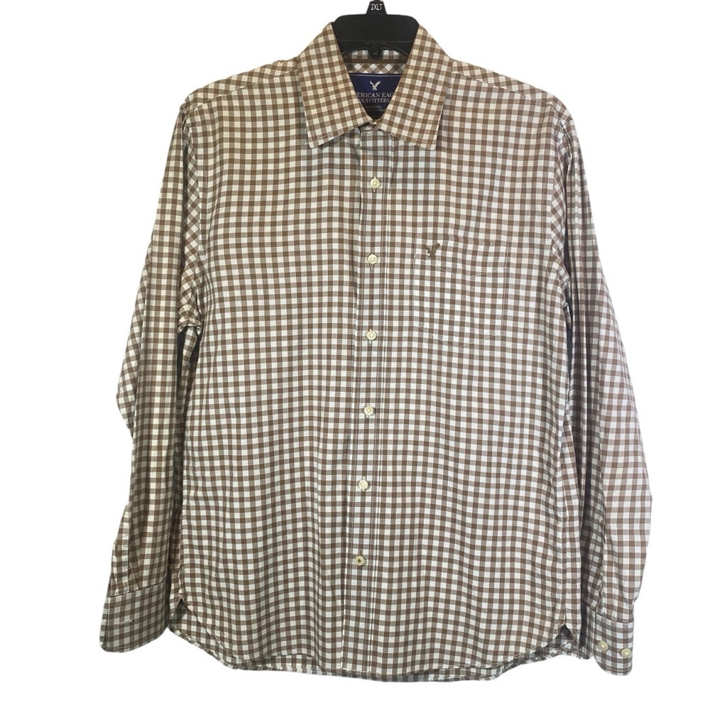 AMERICAN EAGLE Brown White Gingham Button Up Shirt Vintage 2000's Size Large